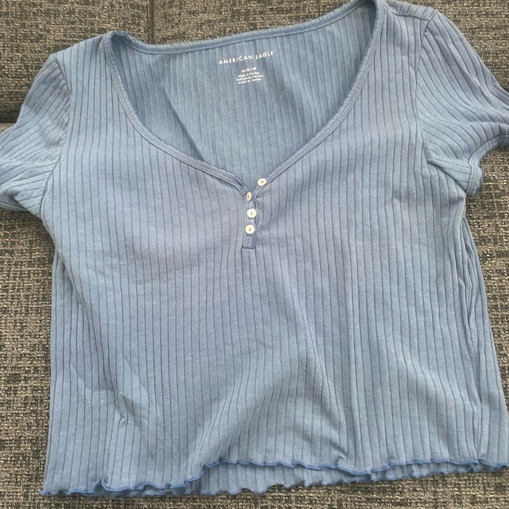 American Eagle Outfitters Light Blue Ribbed Short Sleeve Top